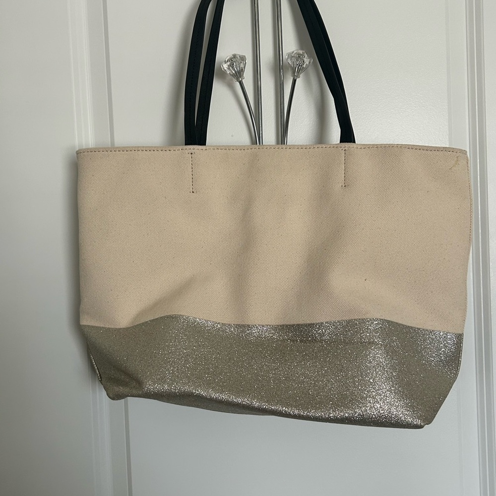 Kate Spade & Disney Beige and Gold Glitter Canvas Tote with Black Text - Picture 2 of 5